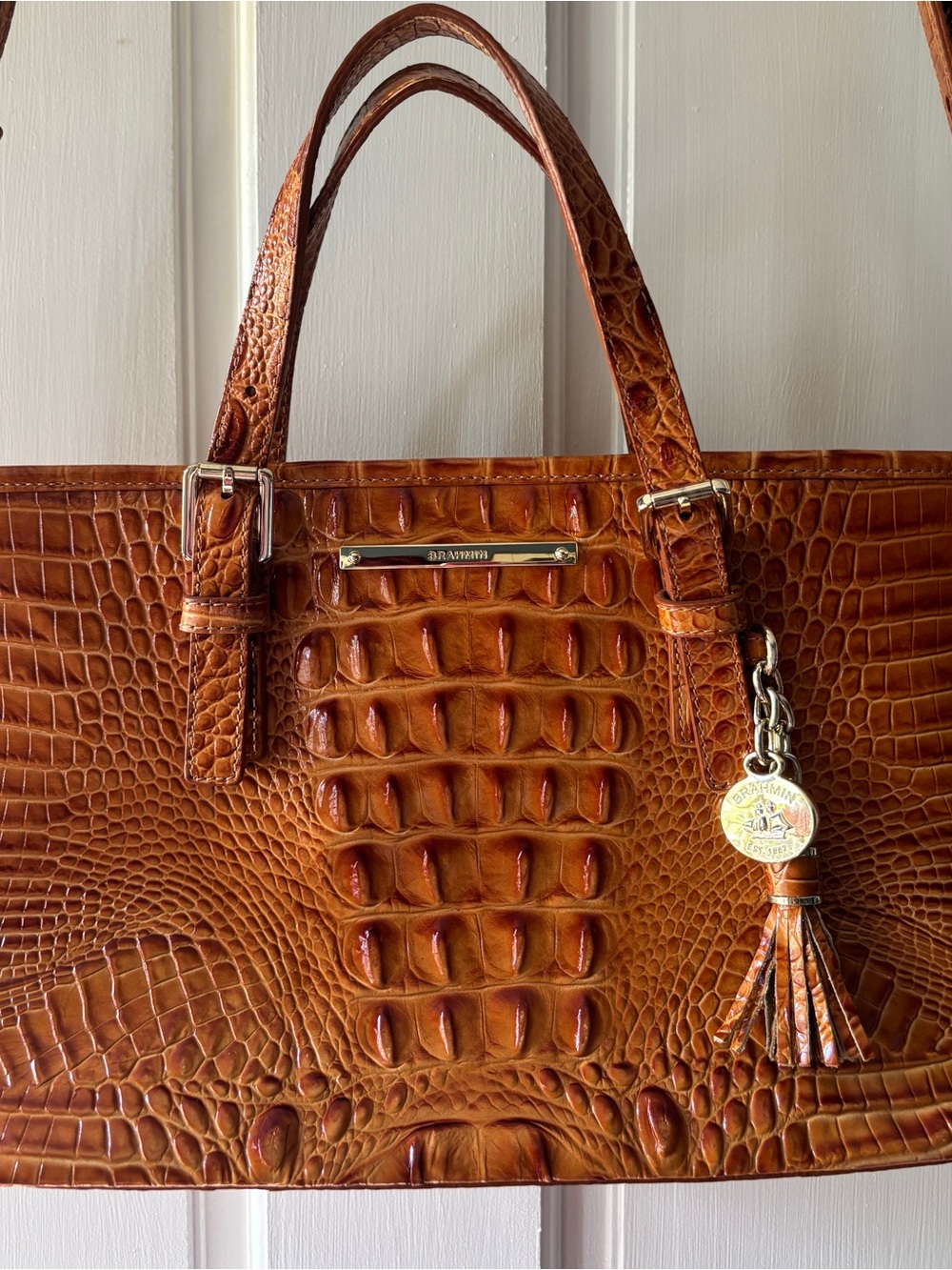 Brahmin Cognac Croc-Embossed Leather Asher Medium Tote Excellent Condition